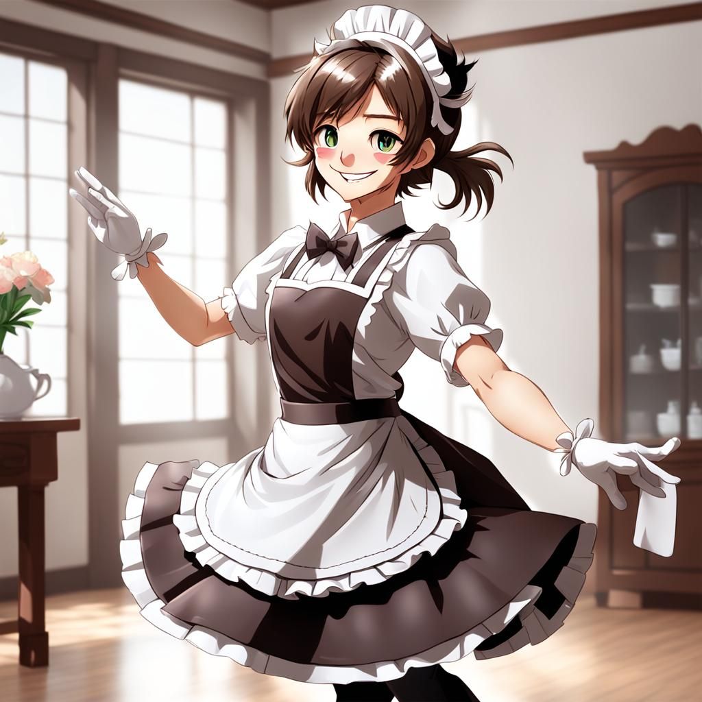 Smiling Brown-Haired Catboy Maid Dancing