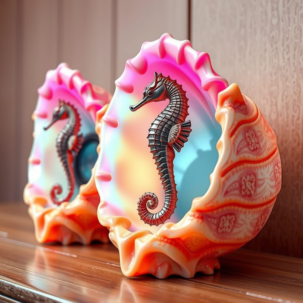 Conch Hi-Fi Speakers with Seahorses in 3D Anime Style