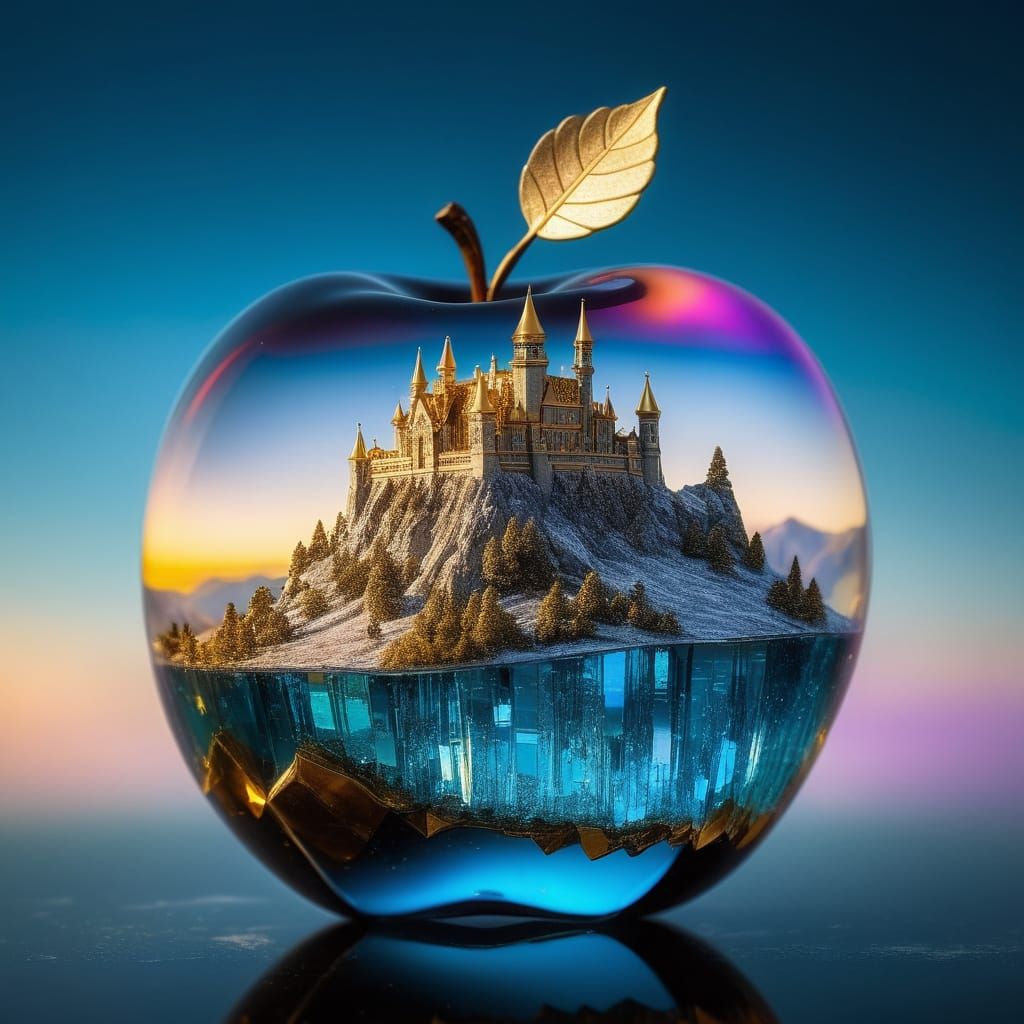 Luxurious Glass Castle Inside a Golden Apple