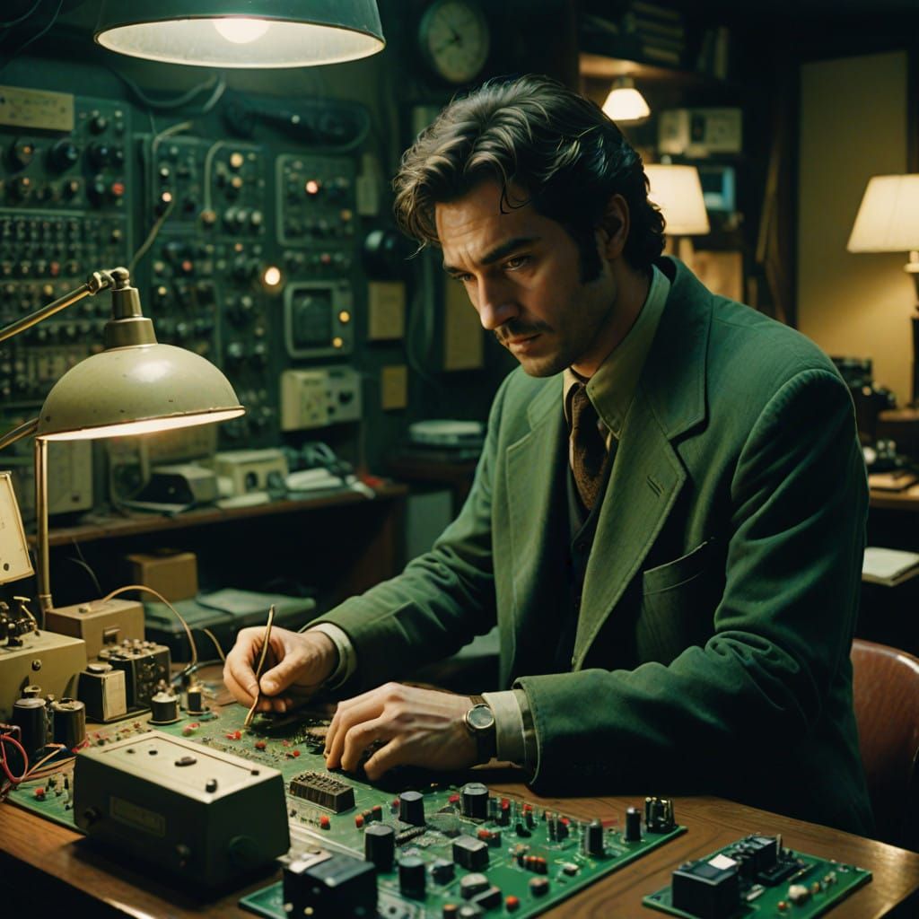 Stirlitz Soldering Radio Circuit Board in Smoky Ambiance