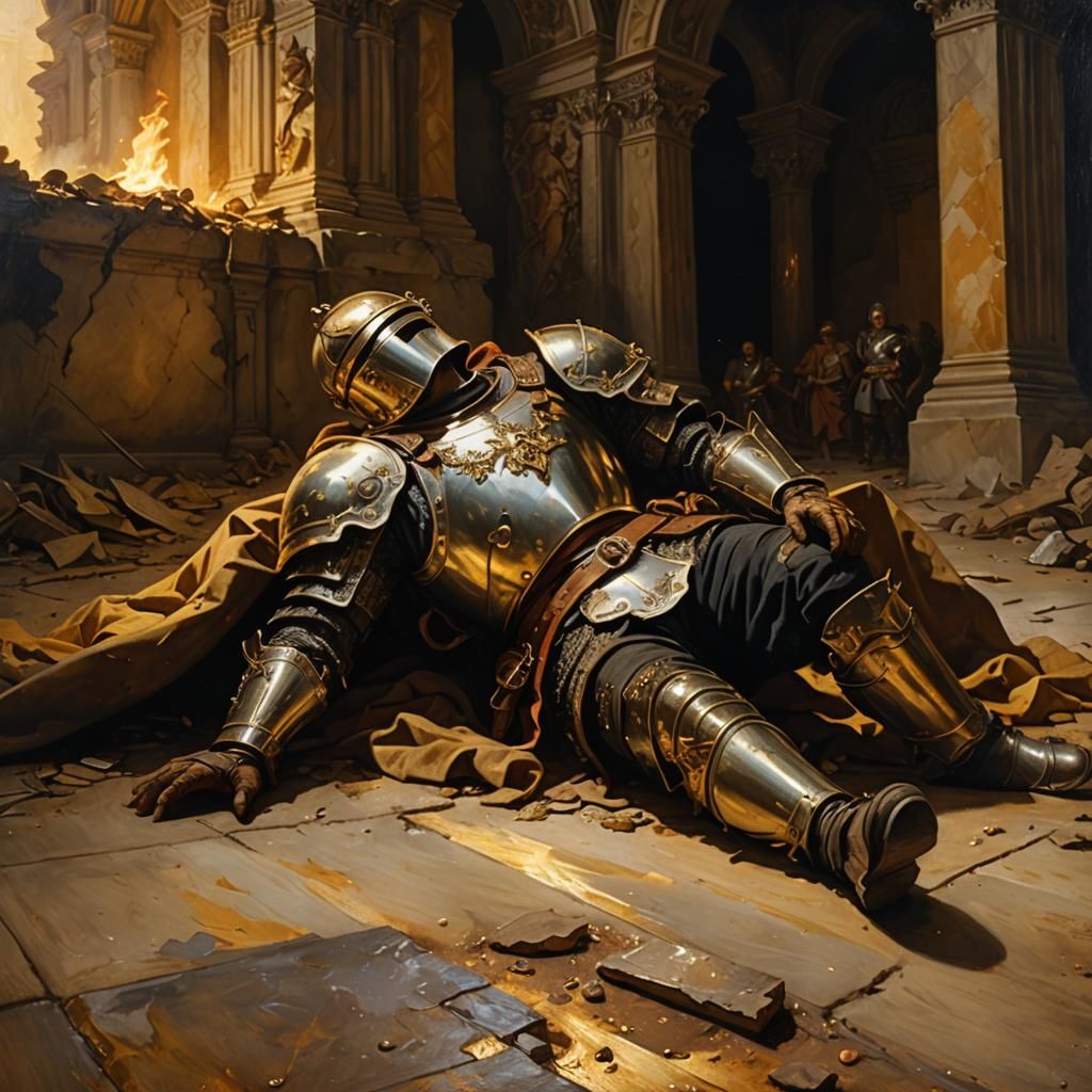 Fallen Hero in Dimly Lit Pit: Renaissance Oil Painting