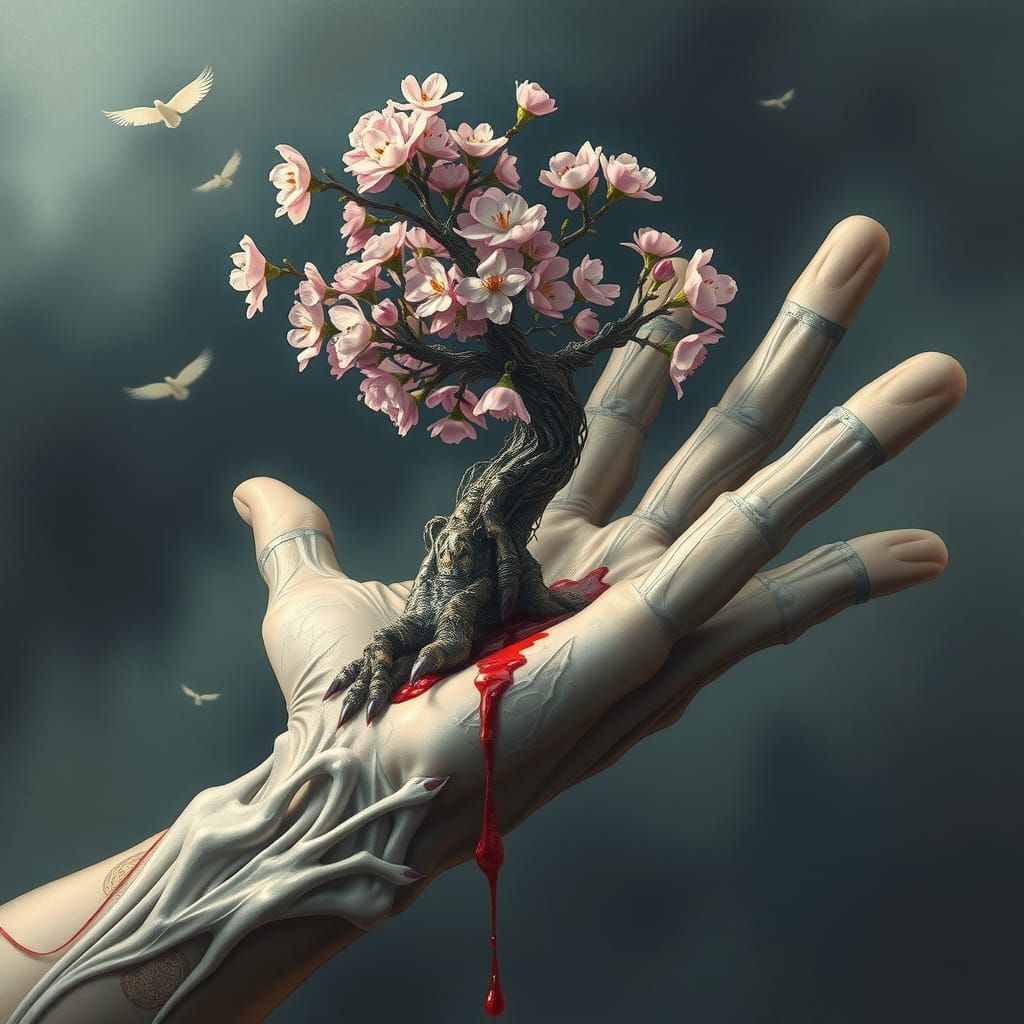 Crystal Sakura Tree Blooms in Severed Hand