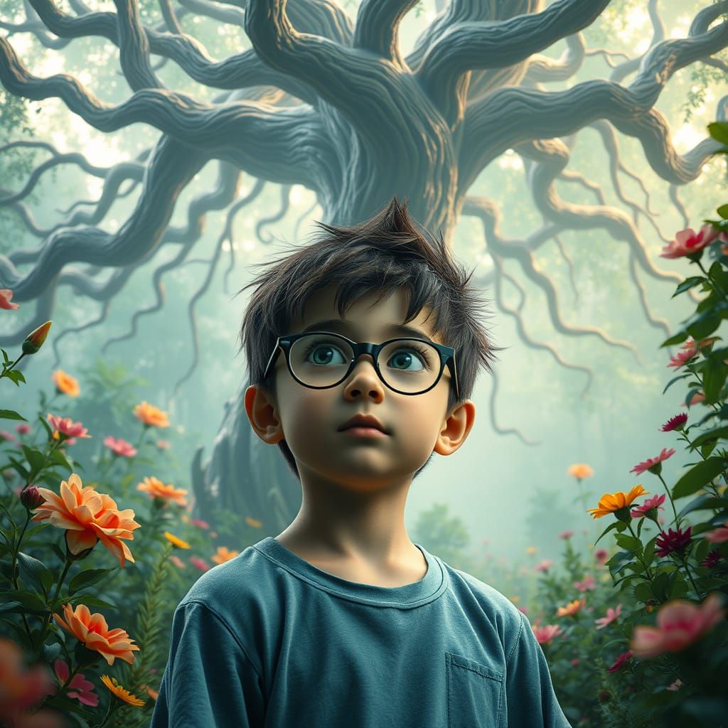 Young Boy Surrounded by Mystical Greenery in a Fantastical R...