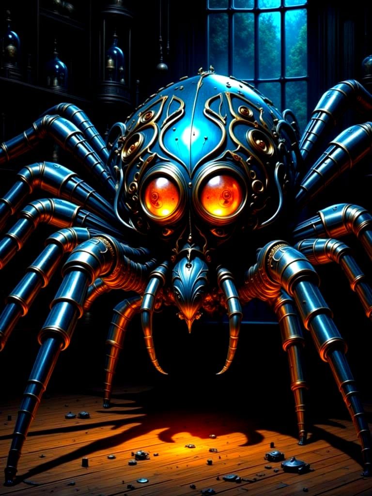Intricate Steampunk Spider Sculpture in Gloomy Workshop