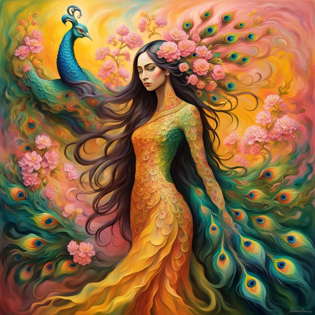 Dragon Peacock Woman in Abstract Fauvism Style