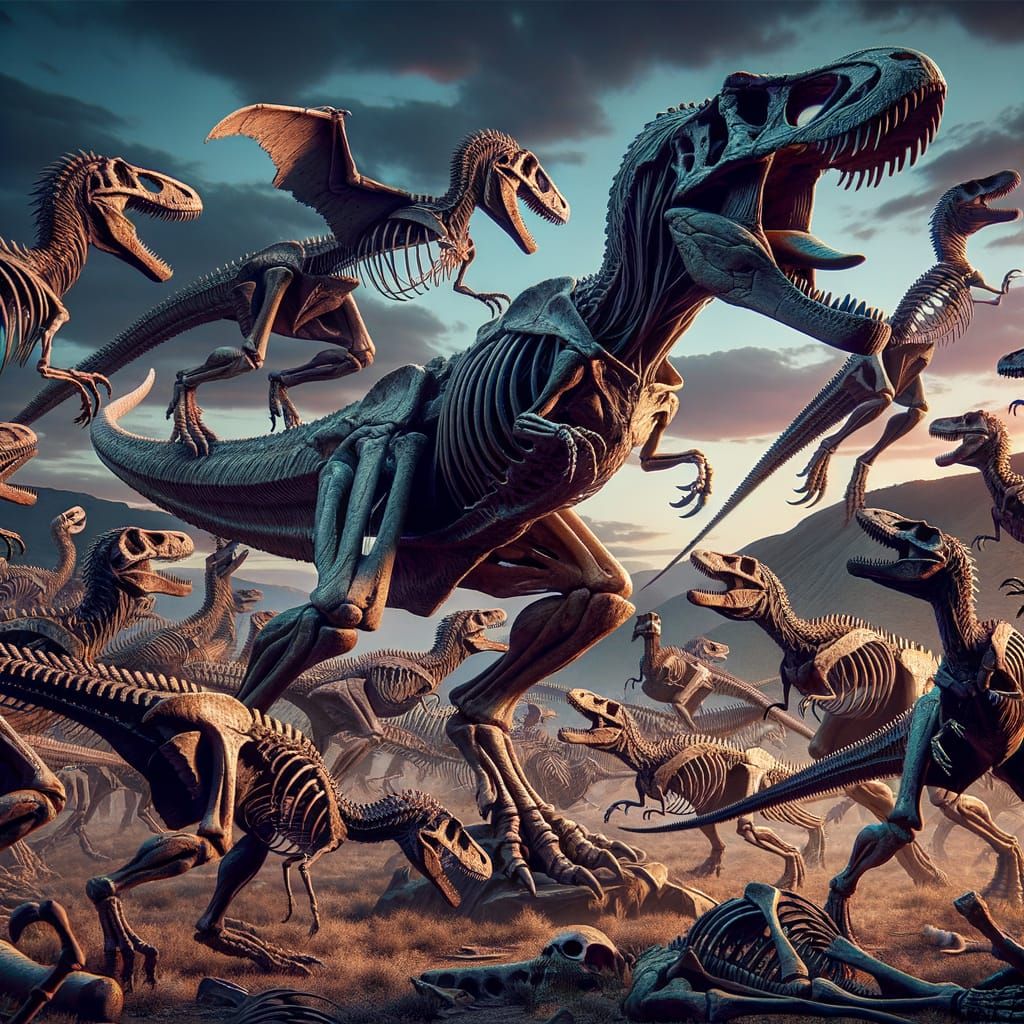 Velociraptor Skeletons Attack T-Rex Skeleton