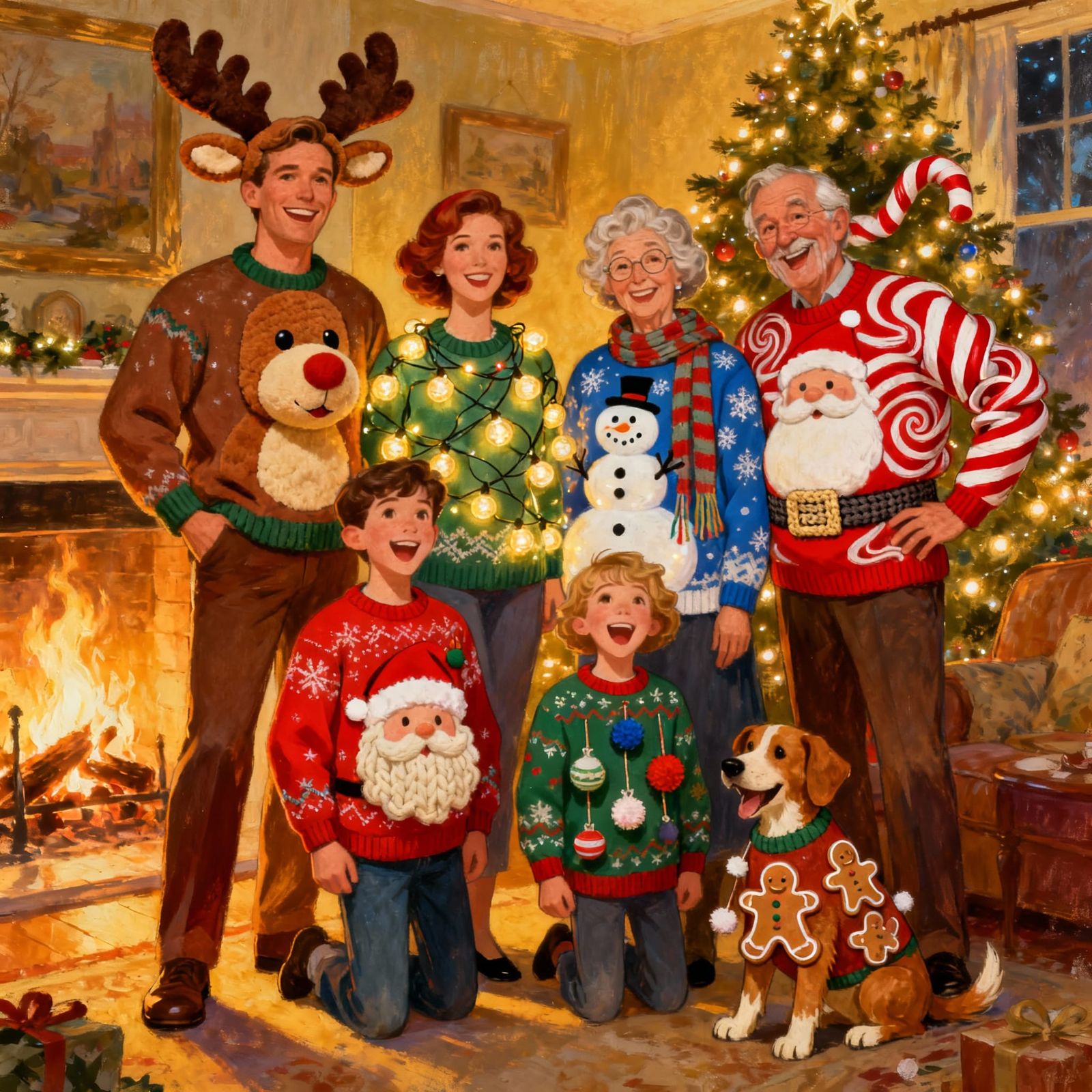 Hilarious Family Holiday Sweaters in Cozy Living Room
