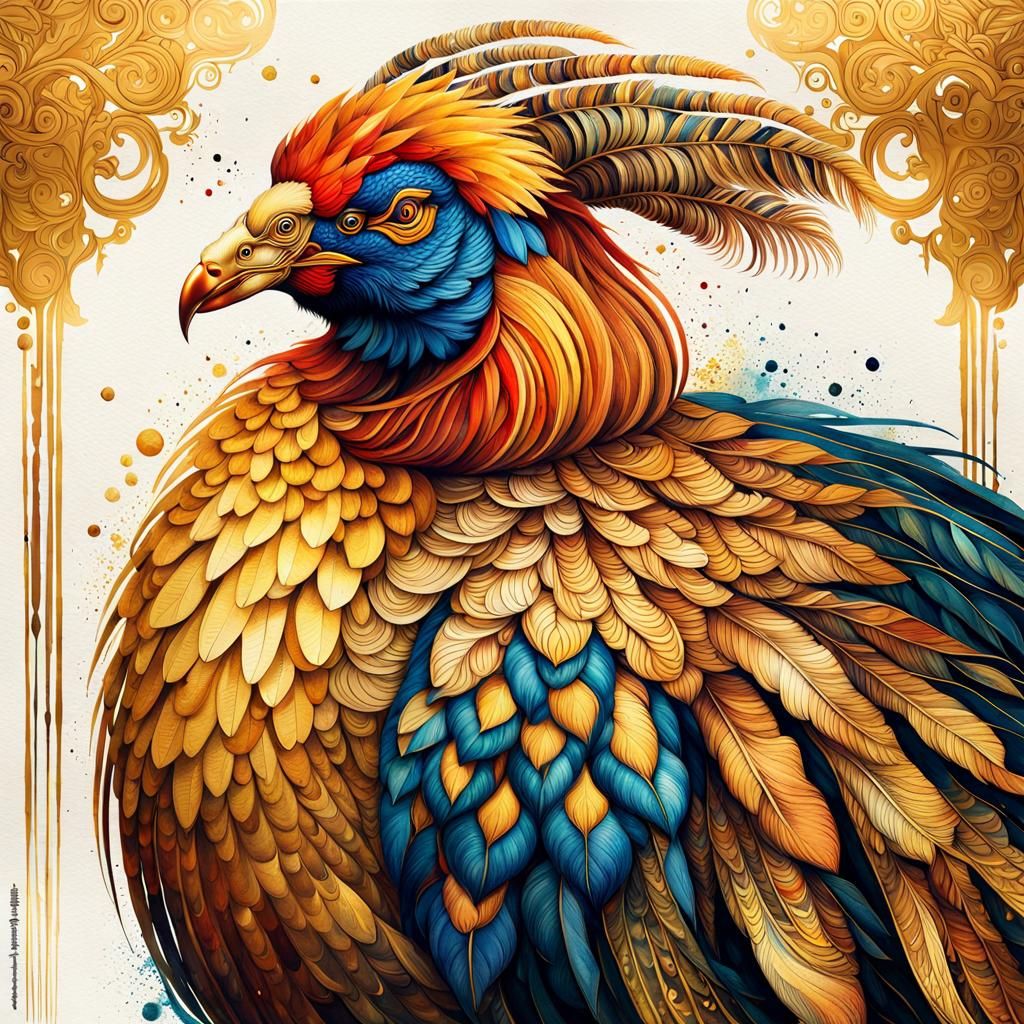 Golden Pheasant in Watercolor Mosaic Style