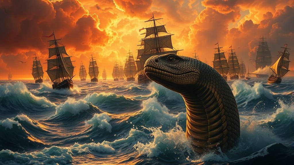 Sea Serpent Watches Naval Battle in Dramatic Style