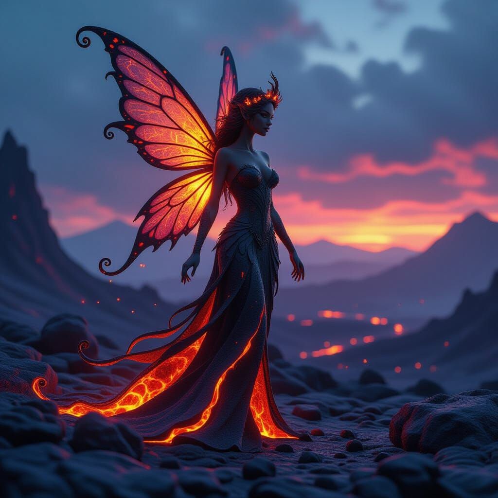 Molten Lava Fairy in Volcanic Landscape
