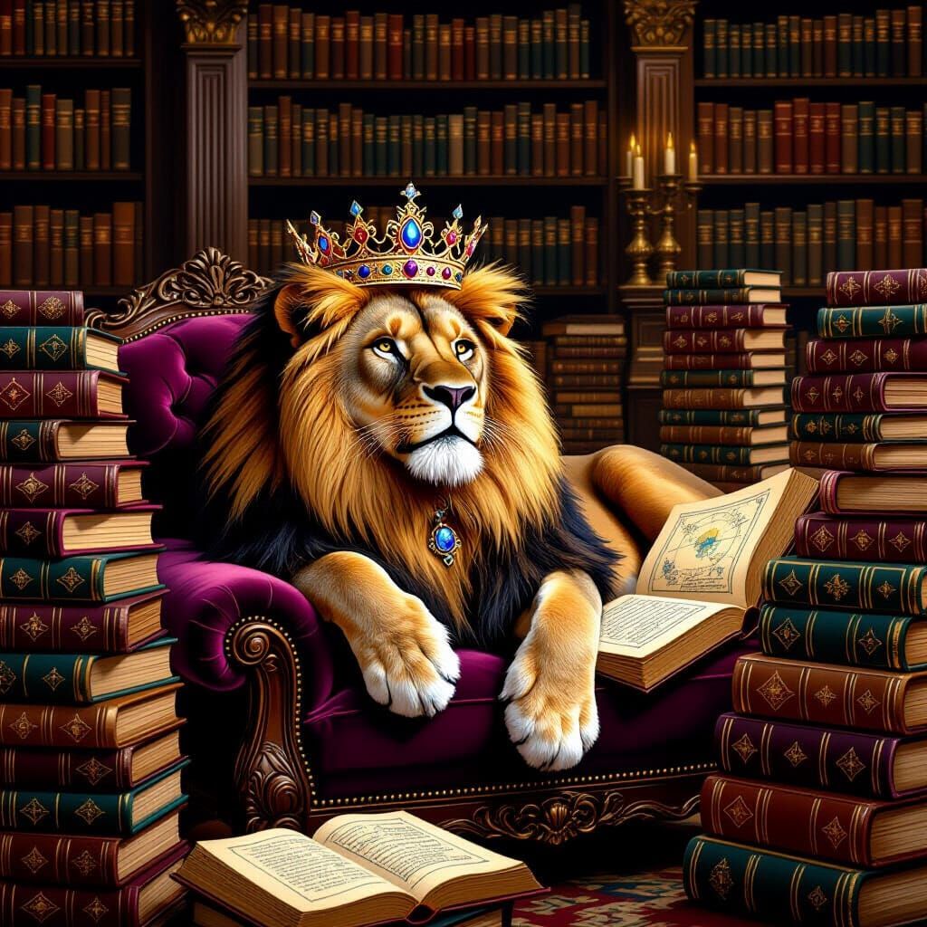 Lion King in Opulent Library, Storybook Illustration Style