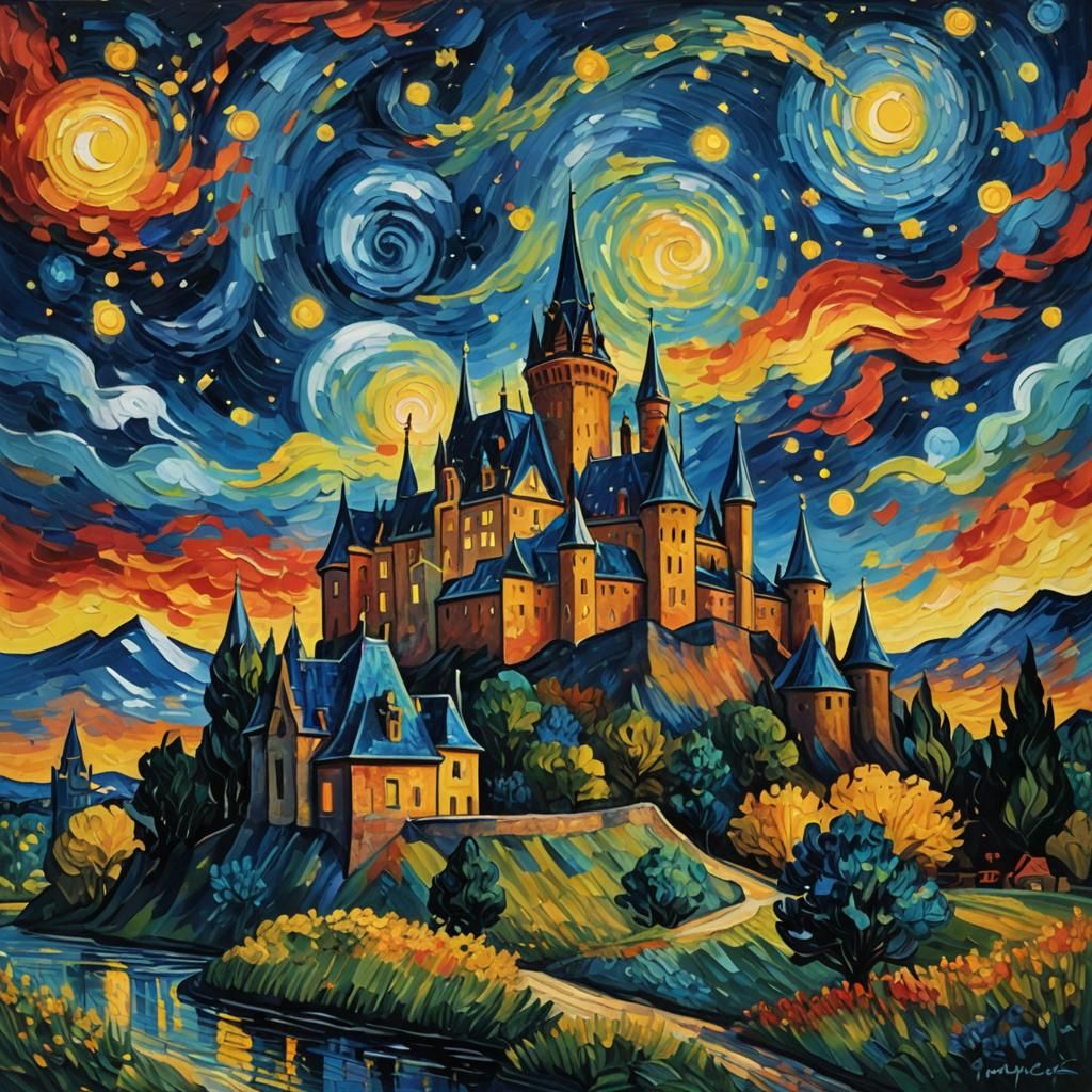Starry Night Castle in Vivid Post-Impressionist Style