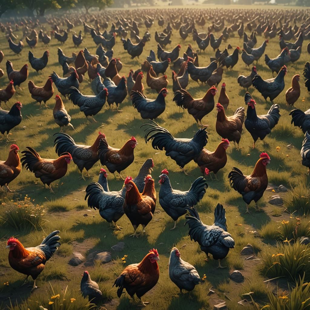 Wild Chickens Roaming at Dawn: Detailed Matte Painting
