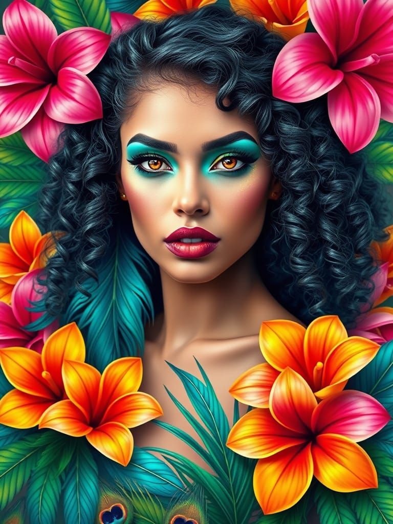Vibrant Goddess in Peacock Splendor