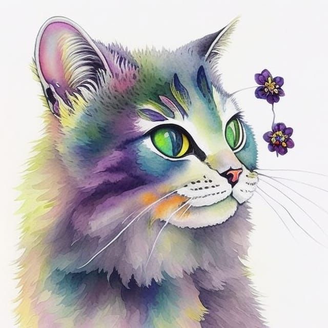 Rainbow Cat Dragon with Flower, Watercolor Art