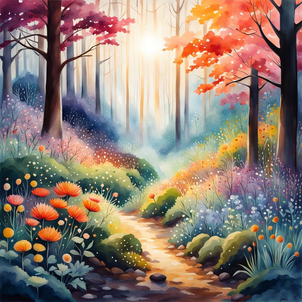 Watercolor Fantasy Forest with Flowers and Sunlight