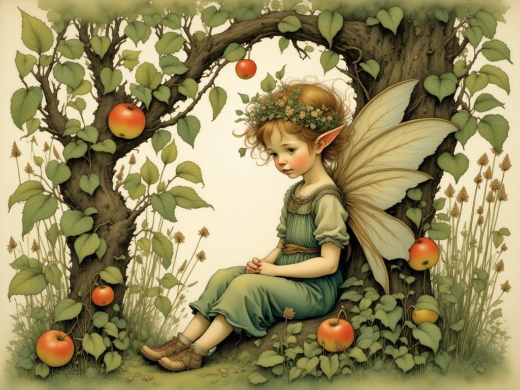 Whimsical Flower Elf in a Vibrant Apple Tree Scene