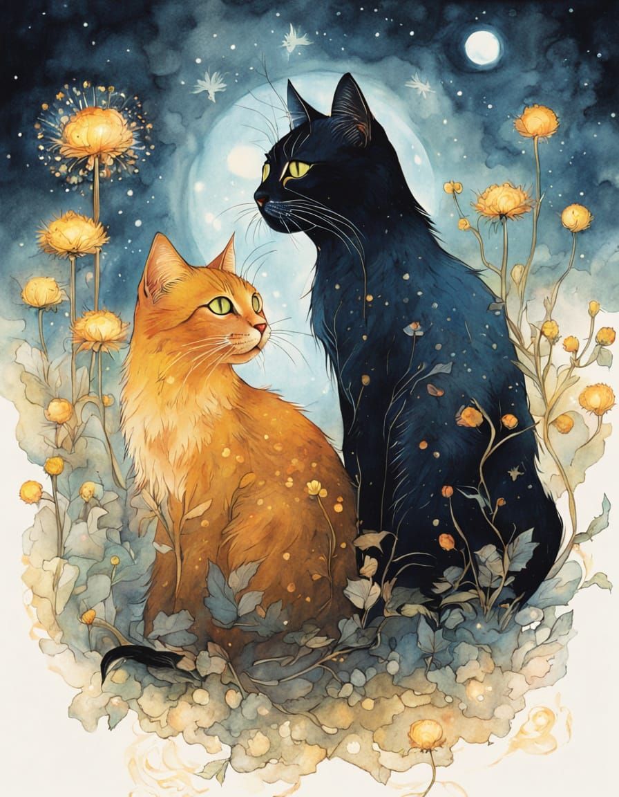 Two Cats Share Cosmic Secret in Enchanting Fairytale Art