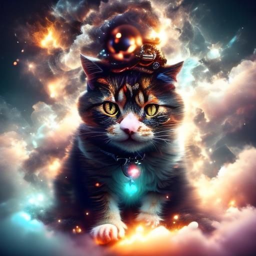 Chibi Cat on Cloud with Glowing Runes