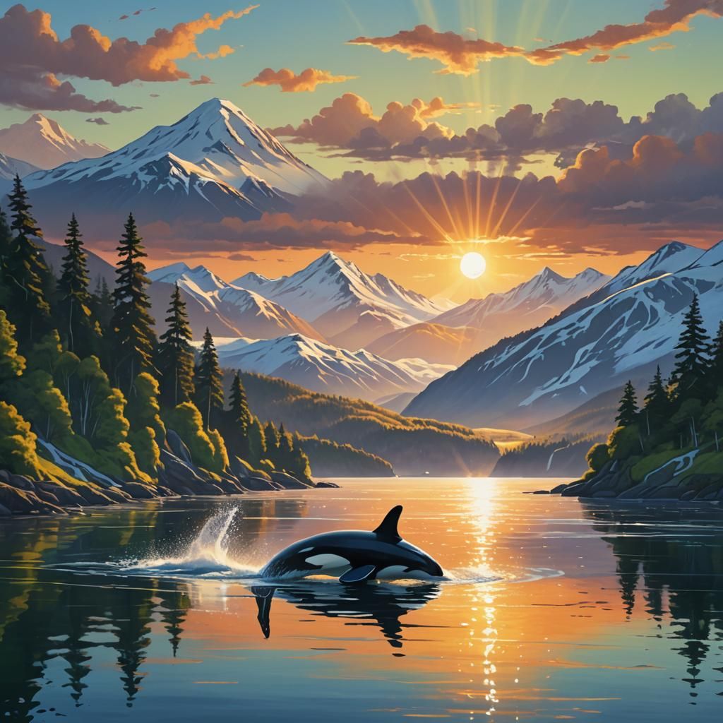 Orca Breaching in Kodiak Bay at Sunset