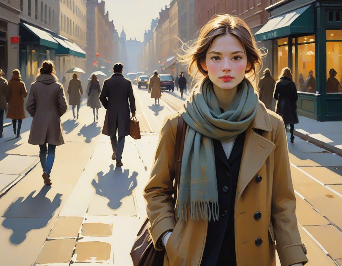 Woman in Earth-Toned Coat Walks Down City Street in Impressi...