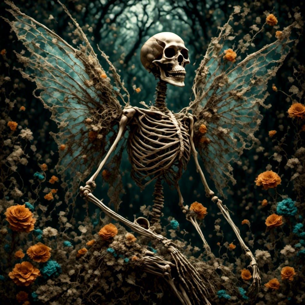 Skeletal Fairy with Flowing Wings in Whimsical Style