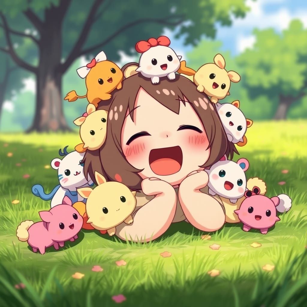 Chibi Girl with Mischievous Creatures, Anime Style
