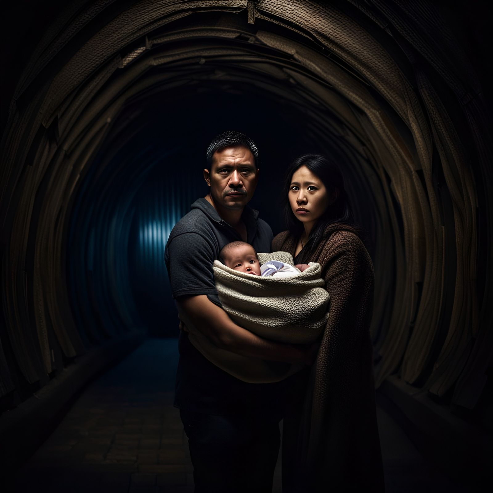 Frightened Parents in Tunnel: A Hyperrealistic Image