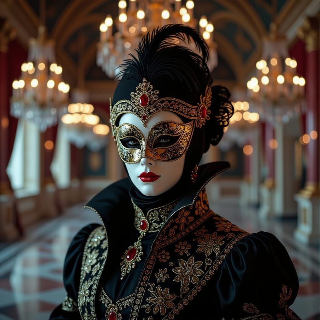 Venetian Masked Figure in Opulent Art Nouveau Style