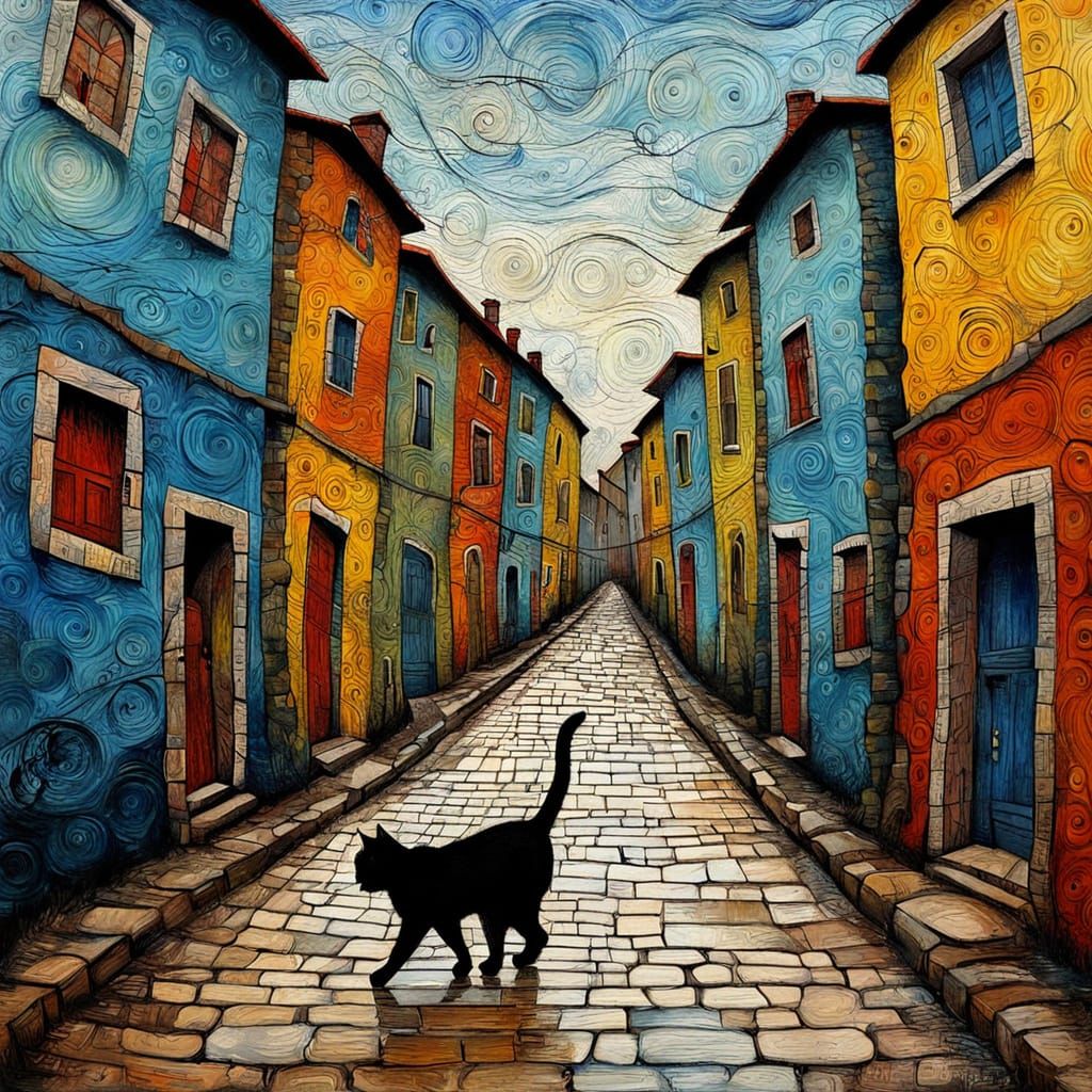 Cat in Village Alley: Textured Naive Encaustic Painting