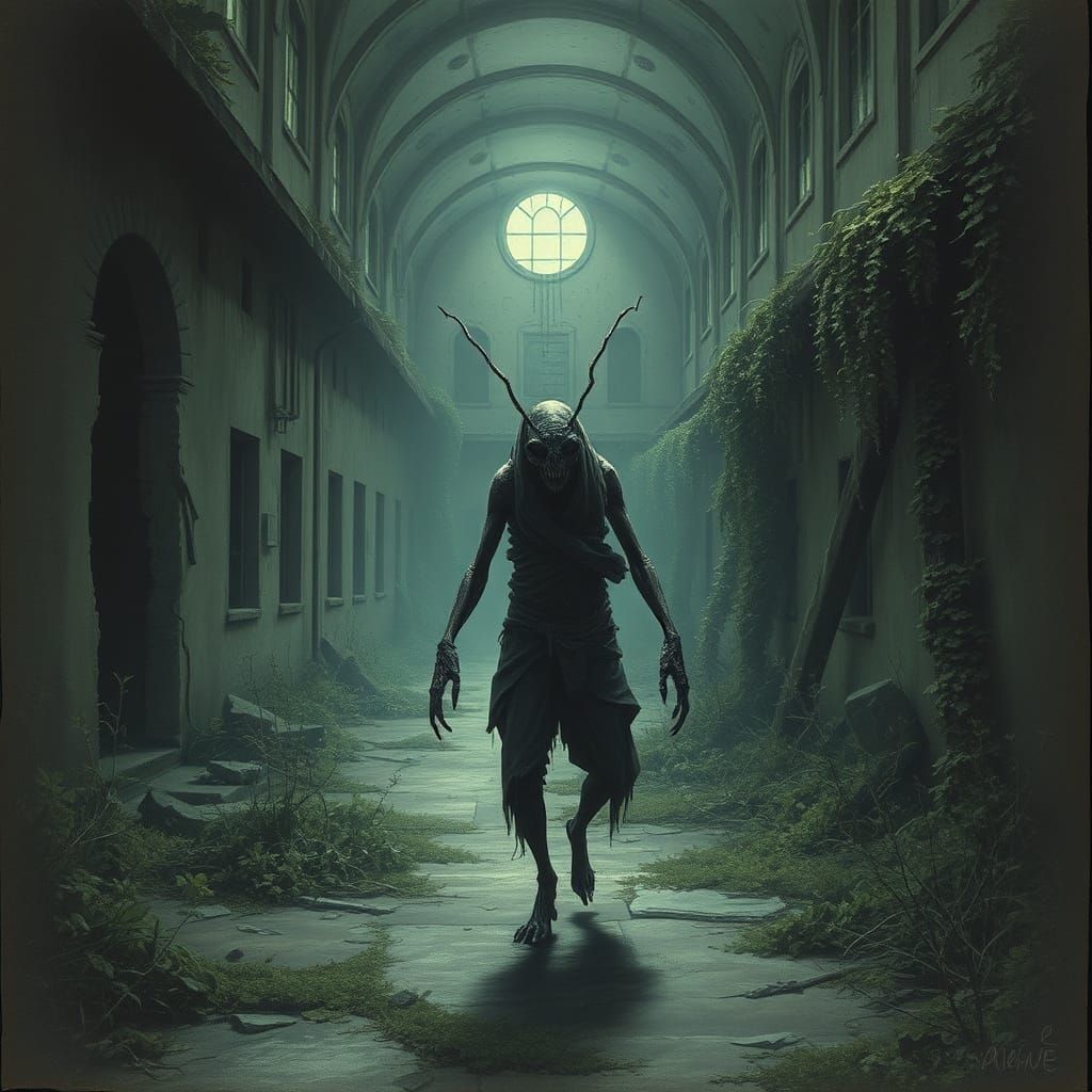 Eerie Insect Humanoid in Abandoned Asylum, Etching Style