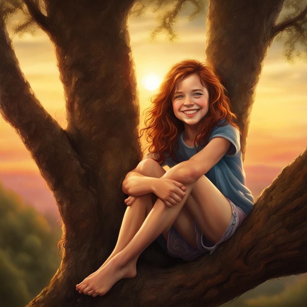 Girl in Tree at Sunset: Fantasy Concept Art