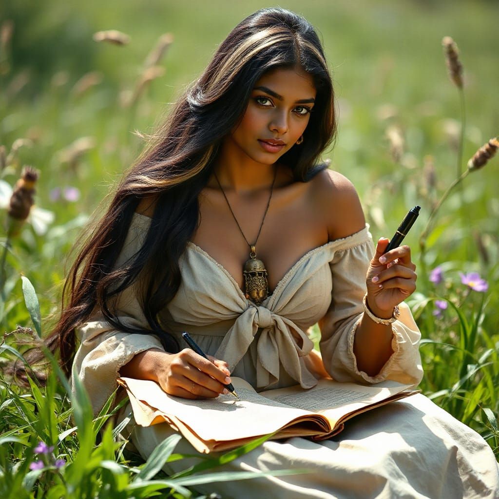 Indian Woman Writing in a Field of Flowers