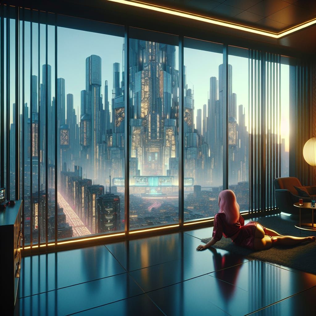 Cyberpunk Hotel Room with Futuristic City View