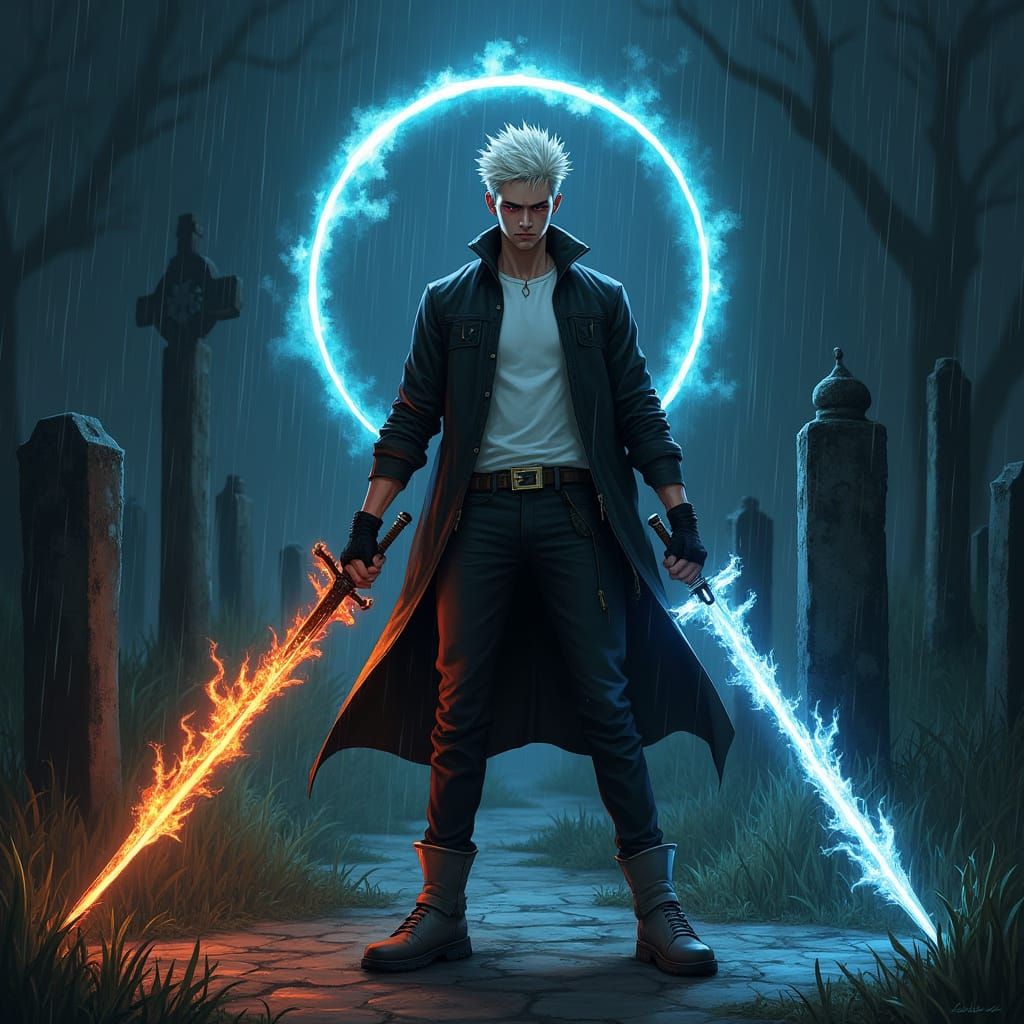 Fantasy Swordsman in Ominous Cemetery, Dramatic Lighting