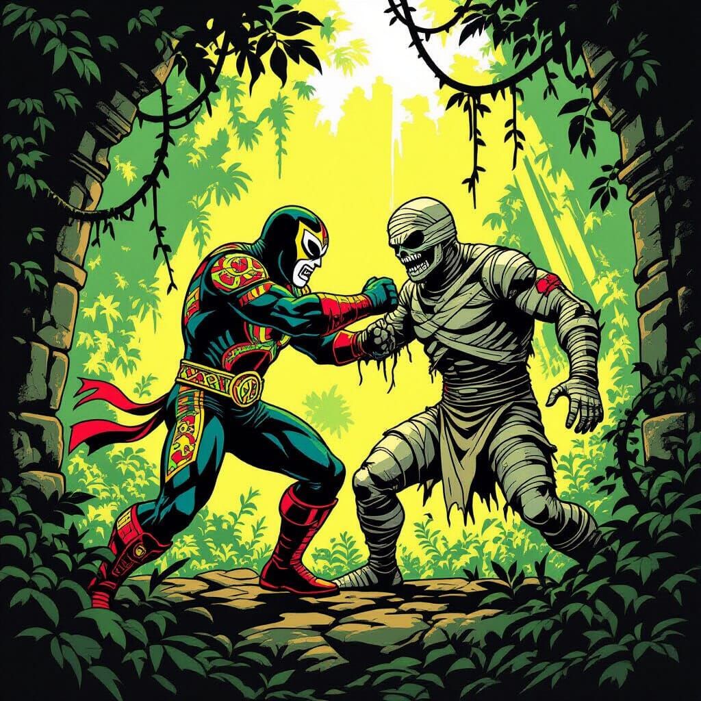 Luchador Battles Mummy in Jungle Ruins