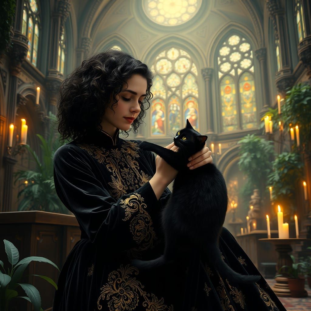 Jewish Woman Enchants with Velvet Dress in Ancient Synagogue