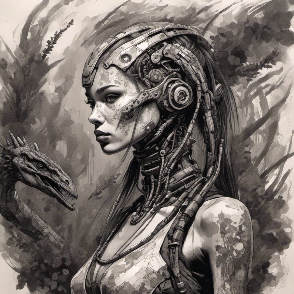 Cyberpunk Velociraptor Girl in Ink and Charcoal Style
