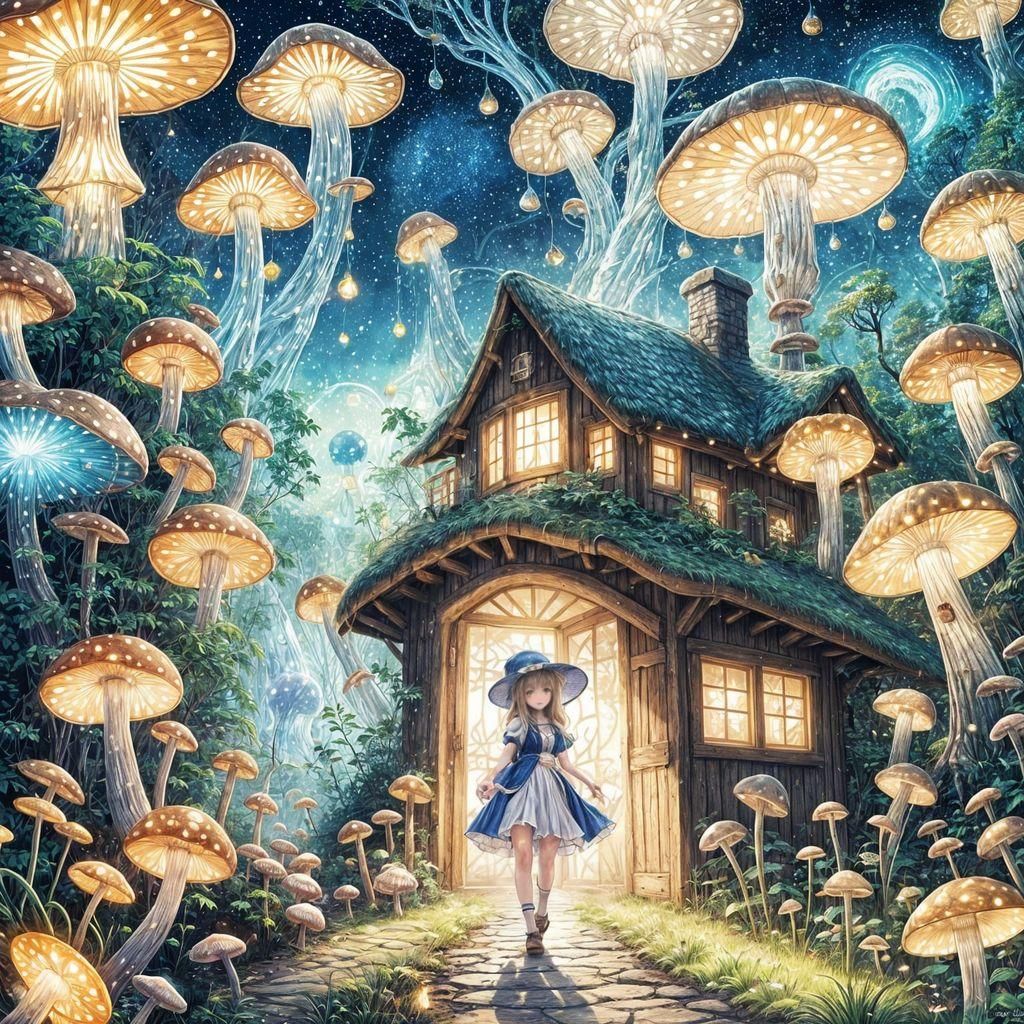 Mushroom Girl in Enchanted Glowing Forest