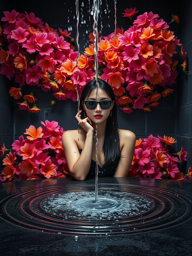 Korean Woman Poses Amidst Optical Flowers, Surreal Style