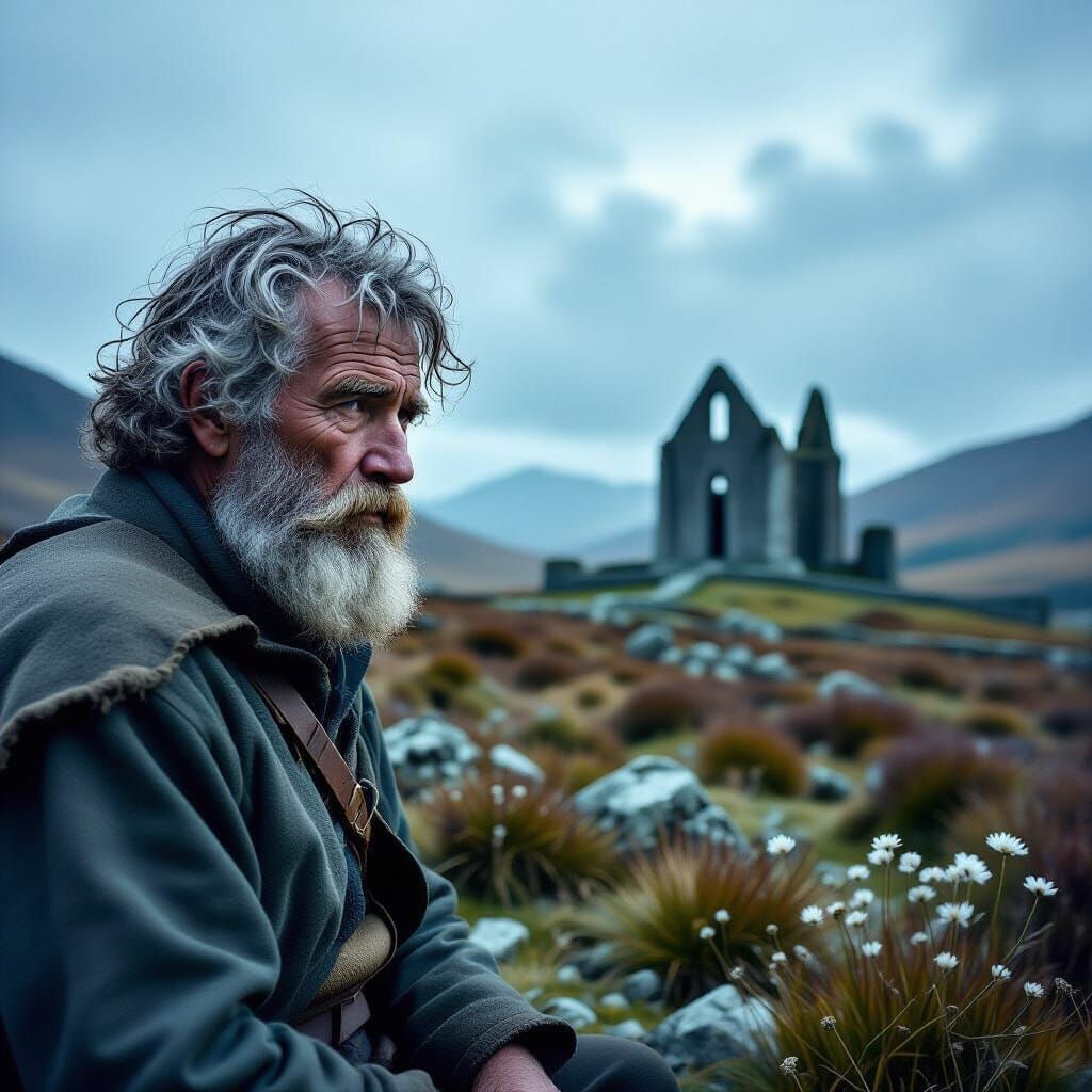 Haunted Highlander Portrait Before Ancient Abbey