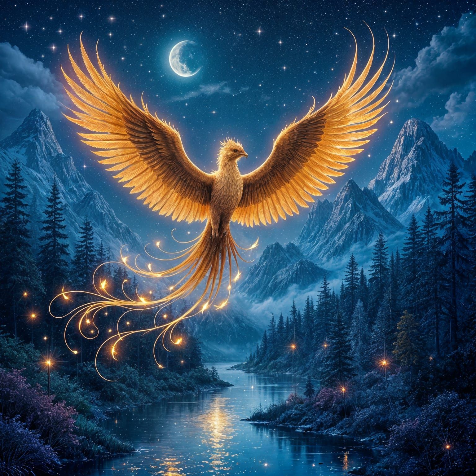 Starry Phoenix Flight Over Enchanted Landscape
