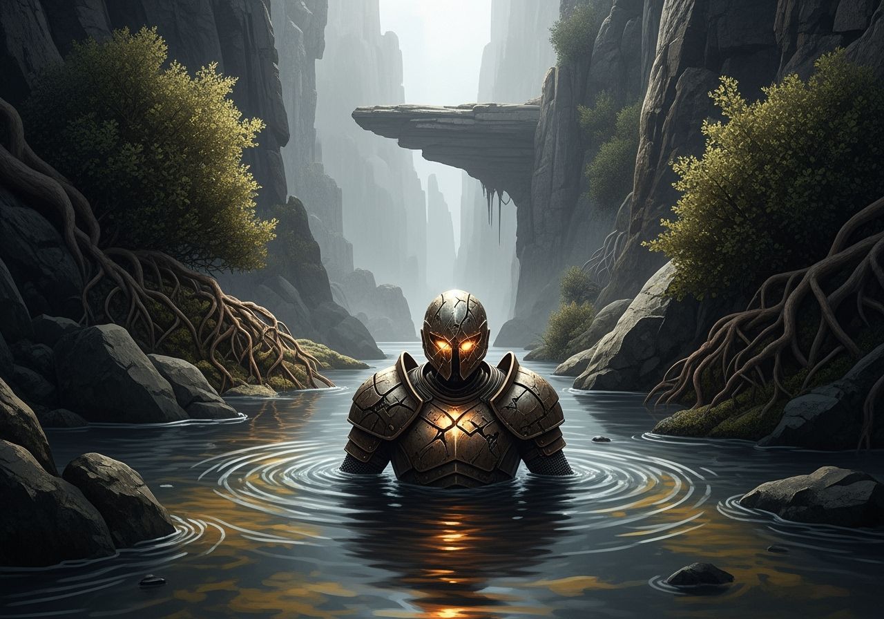 Armored Figure in Canyon Stream, Mystical Digital Landscape