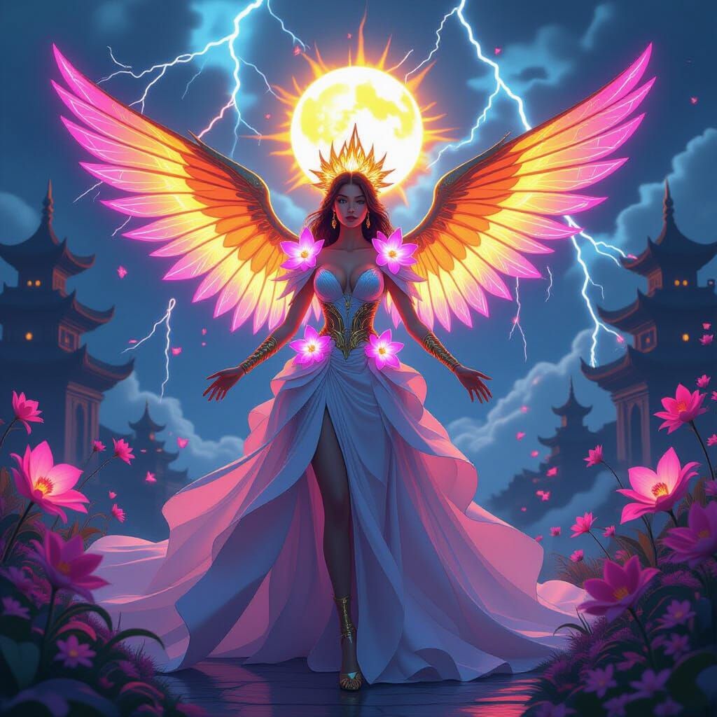 Sunstorm Orchid Queen in Dystopian Cyberpunk Style