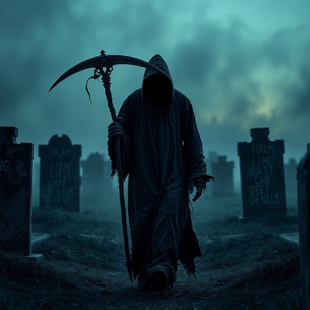 Grim Reaper in Graveyard at Dusk, Ultra-Realistic Scene