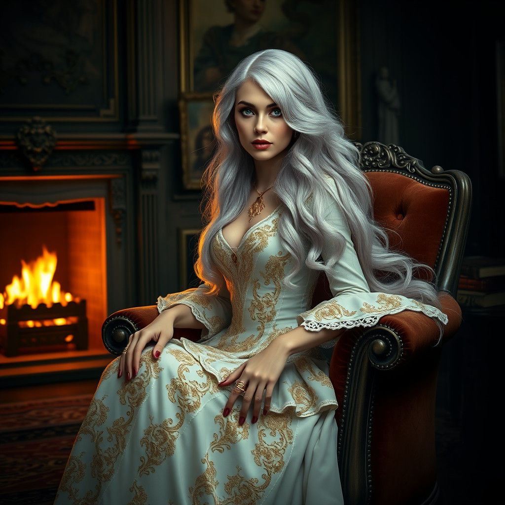 Victorian Woman with Silver Hair in Ornate Setting