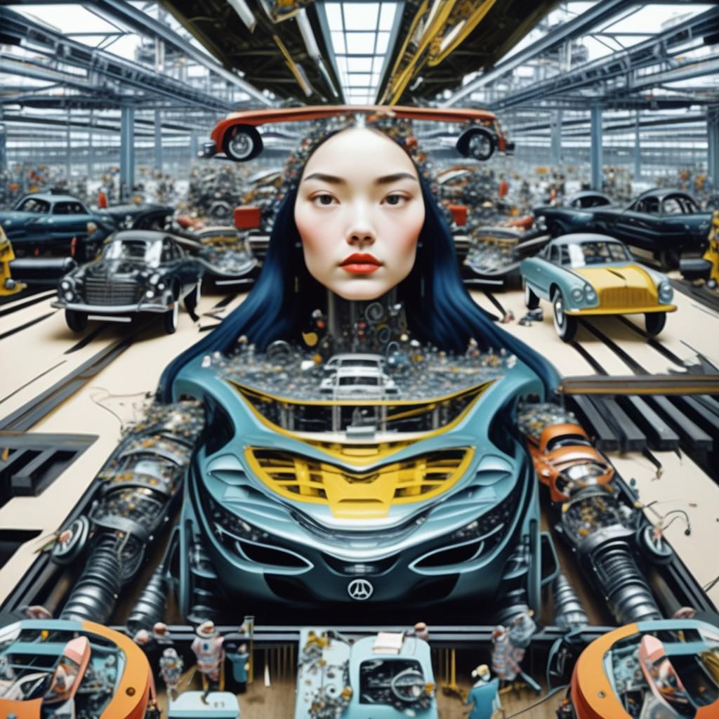 Surreal Woman Assembly in Automotive Factory