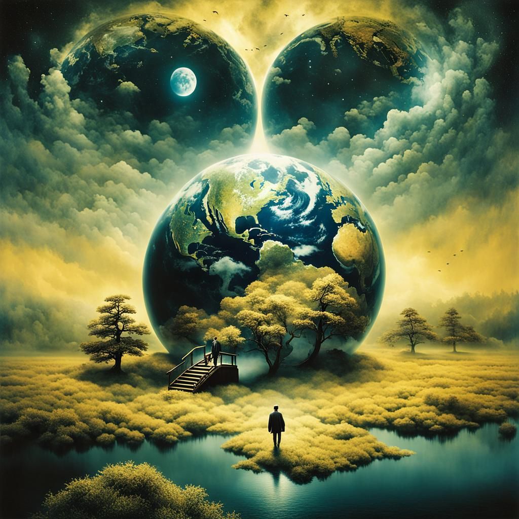 Surreal Stargate Dreamscape with Bonsai and Cottages