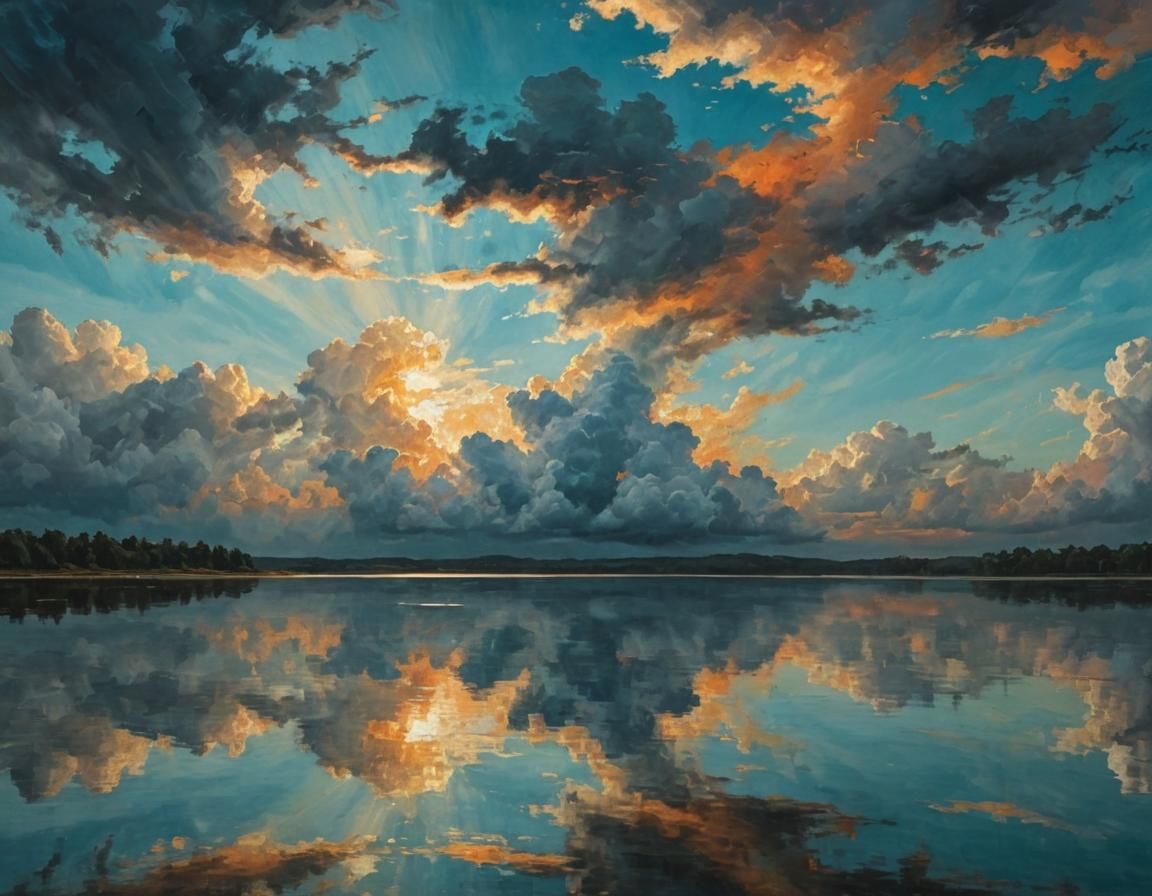 Dreamlike Lake Reflects Dramatic Sky as Abstract Painting
