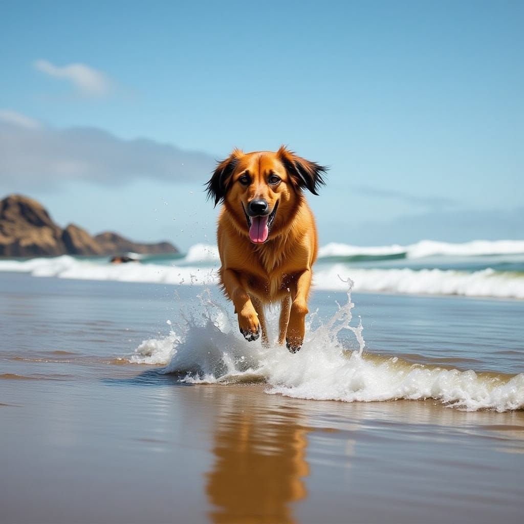 Dog Running on Beach Through Surf